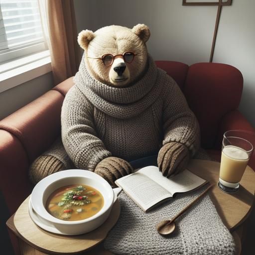 Cozy Bear Knitting a Scarf Indoors