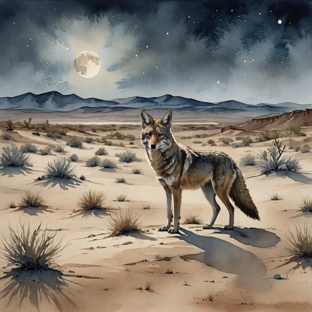 Coyote in Moonlit Desert Watercolor Painting