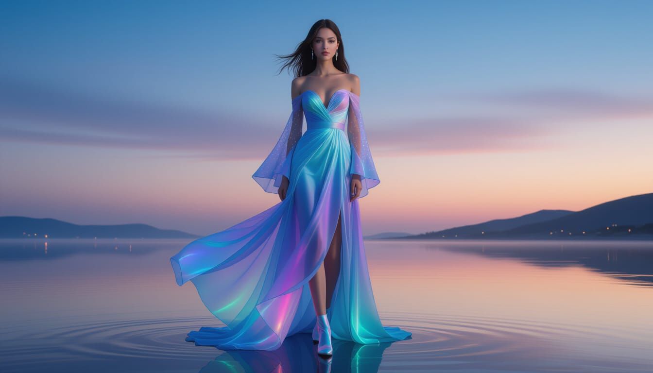 Young Woman in Aurora Gown, Frutiger Aesthetic
