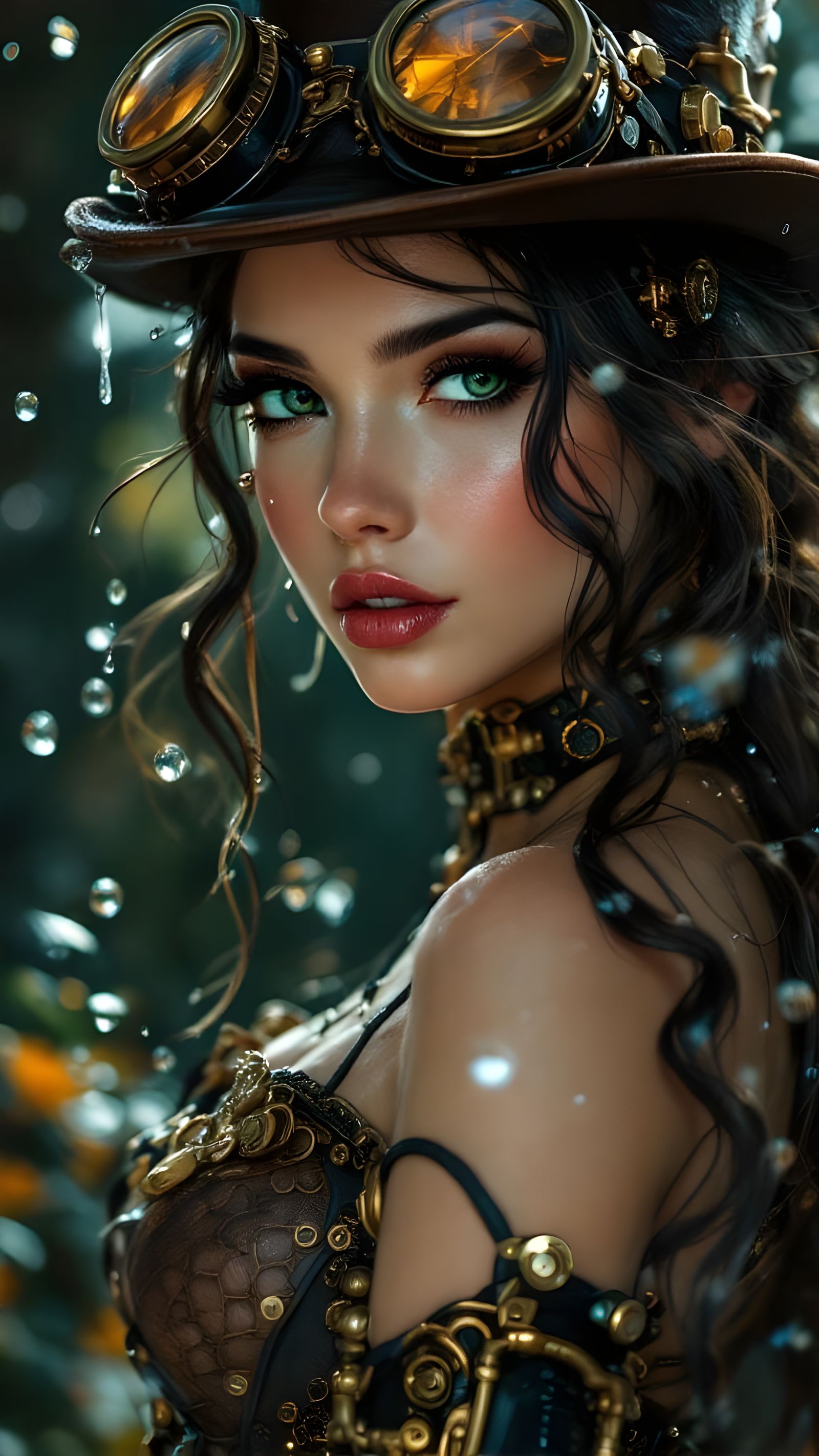 Steampunk Woman with Goggles and Golden Filigree