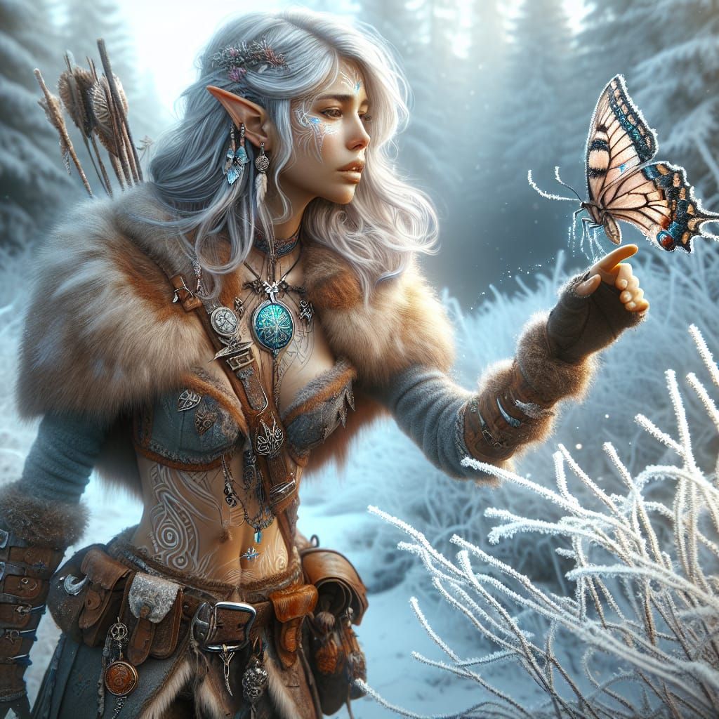 Elven Scout Finds Serenity in Frost-Kissed Beauty