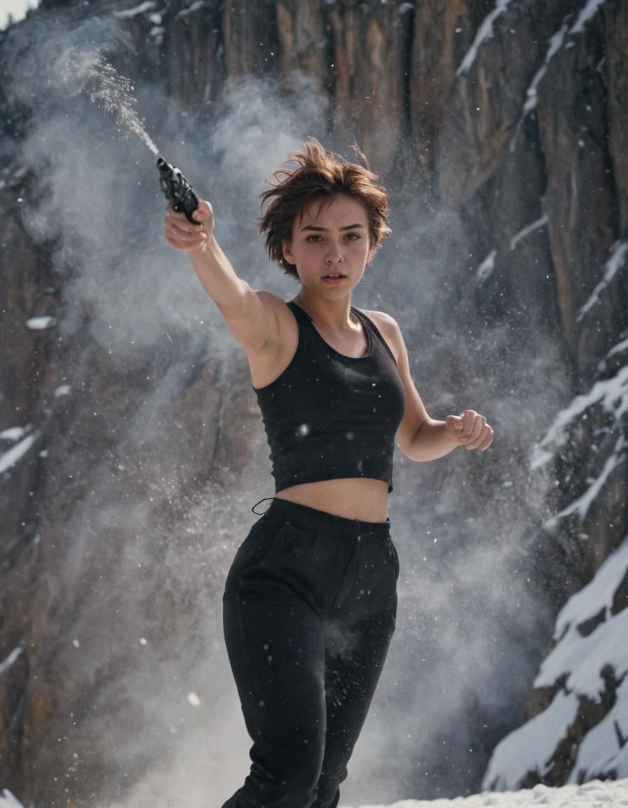 Teenage Girl Gun Training in Snowy Mountains