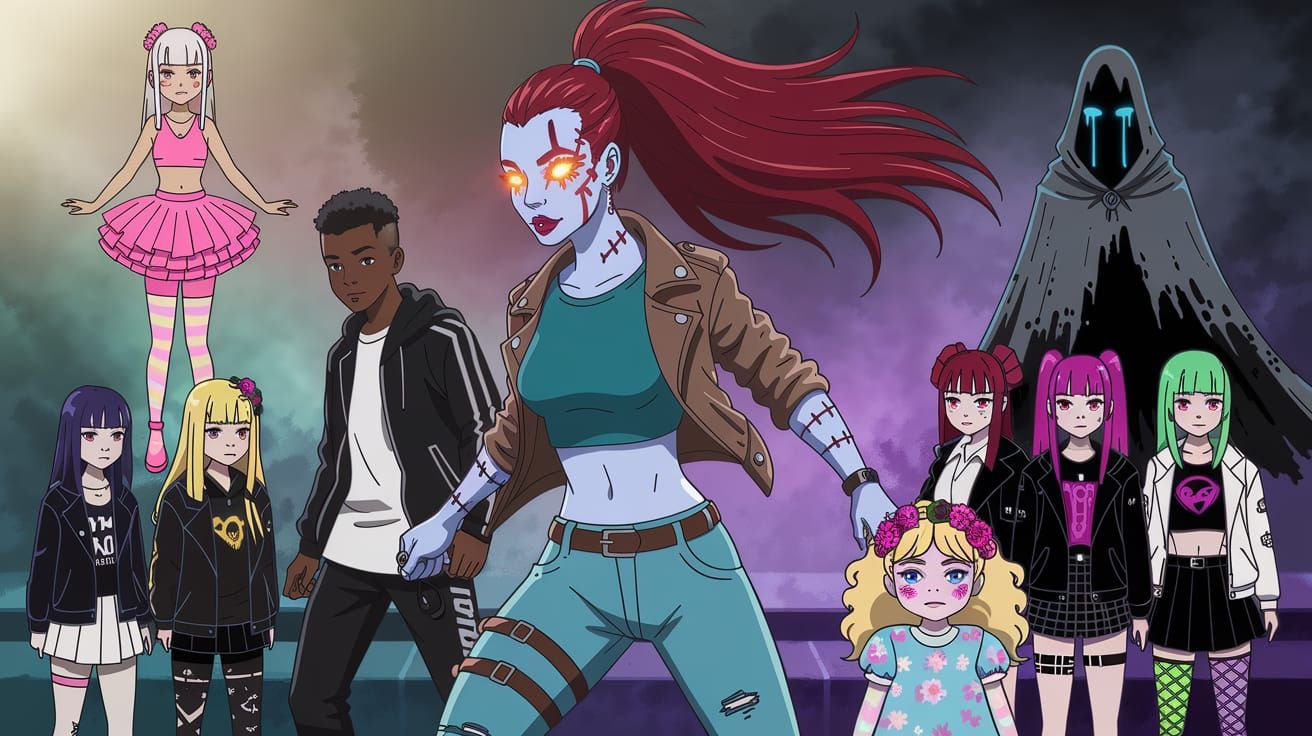 Female Warrior in Vibrant Group Portrait with Futuristic and...