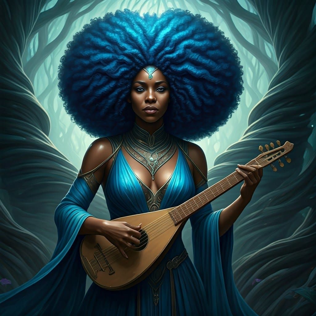 Elegant Black Elf Playing Lute in Fantasy Landscape