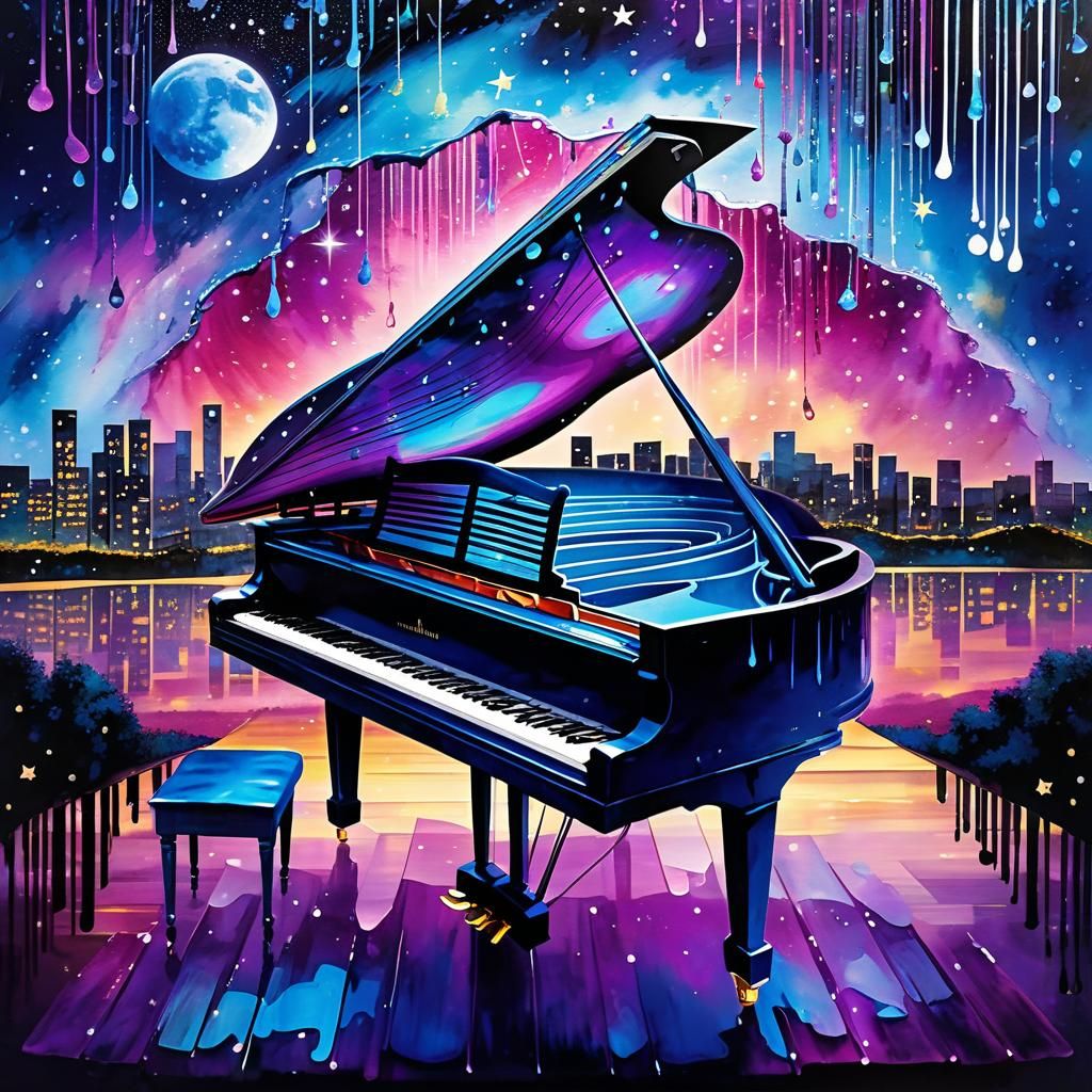 Blue and Magenta Grand Piano in Dripping Art Style