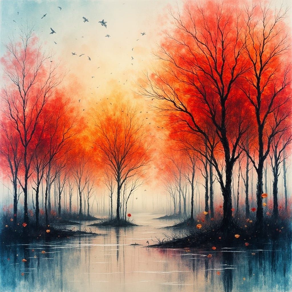 Ethereal Lakeside Trees in Monotype Printmaking Style