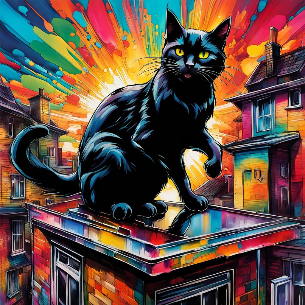 Black Cat Races Across Roof in Mixed Media