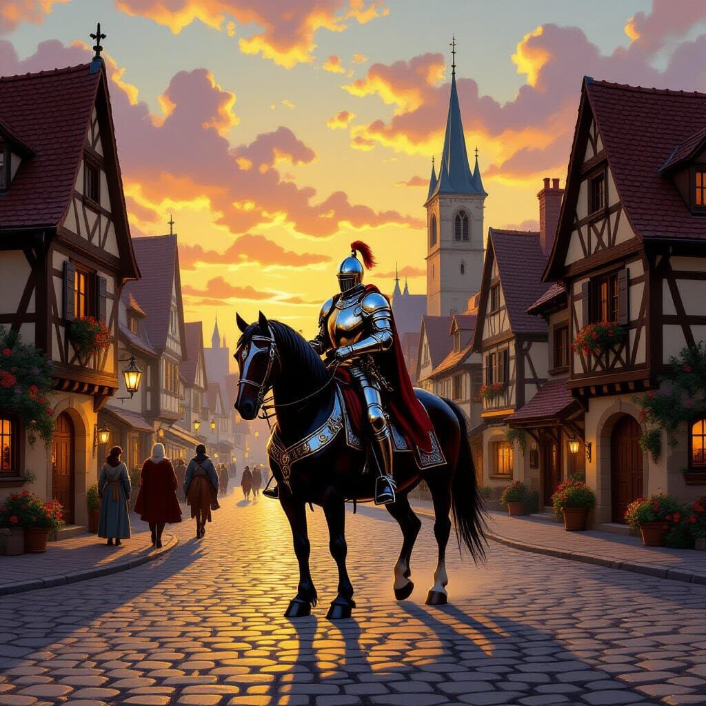 Knight in Village Square at Golden Hour, Oil Painting Style