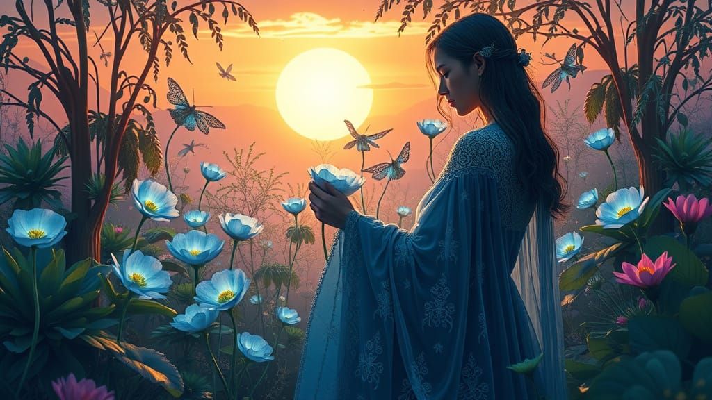 Ethereal Dreamscape with Bohemian Figure and Fantasy Plant K...