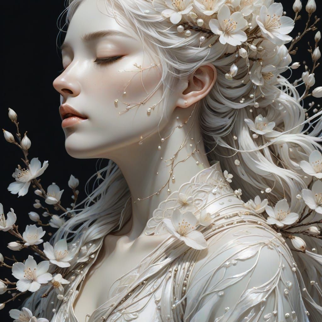 Pearlescent Maiden in White Blossoms Concept Art