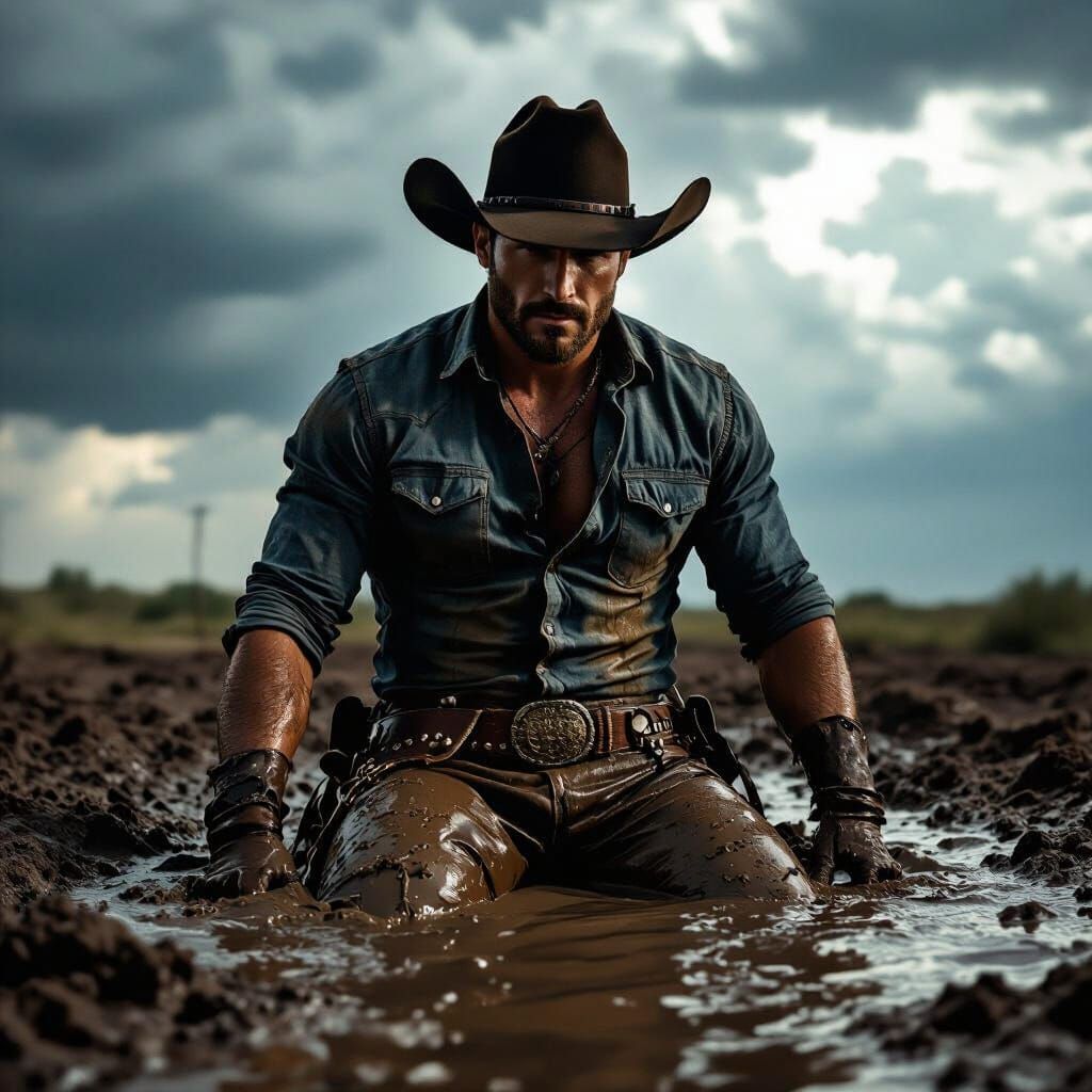 Cowboy Sinking in Mud Under Stormy Sky