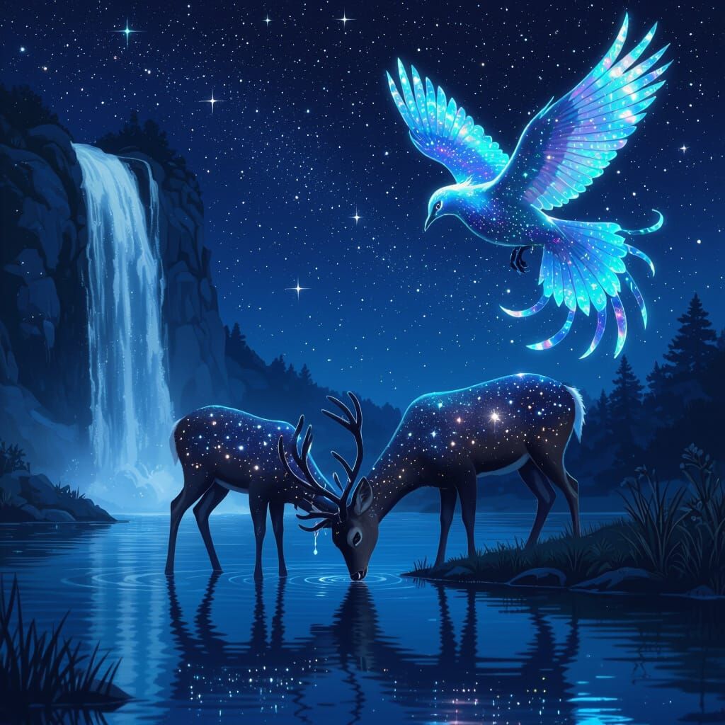 Galactic Deer Drinks from Lake Under Waterfall