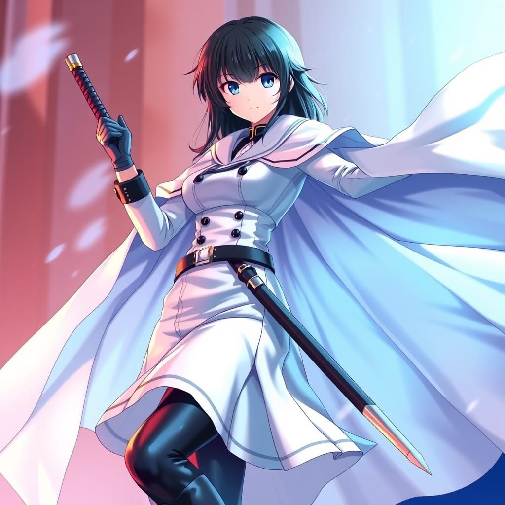 Anime Female Admiral with Katana in White Uniform