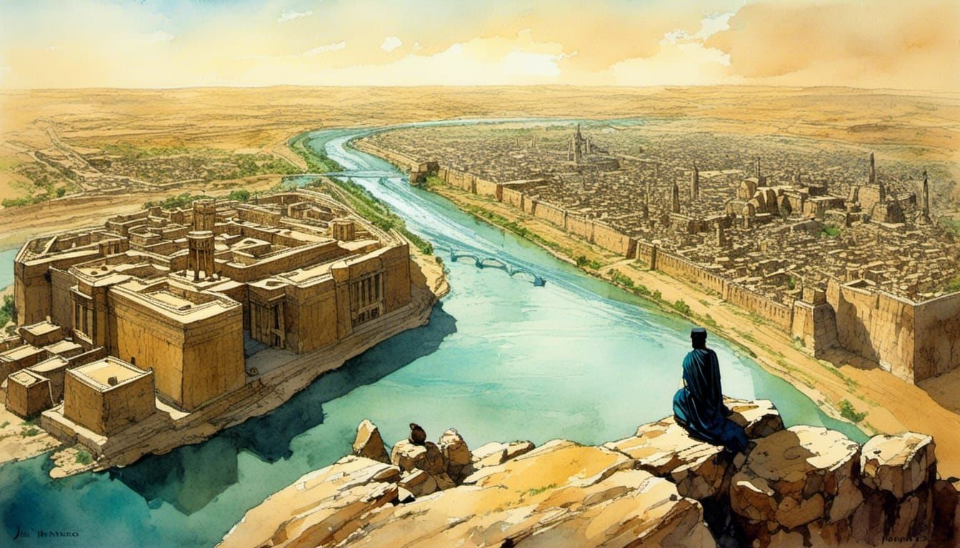 Epic Ancient Babylon on the Euphrates in Watercolor