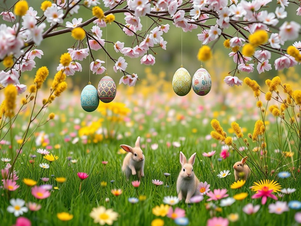 Lush Spring Meadow with Rabbits and Cherry Blossoms in Vibra...