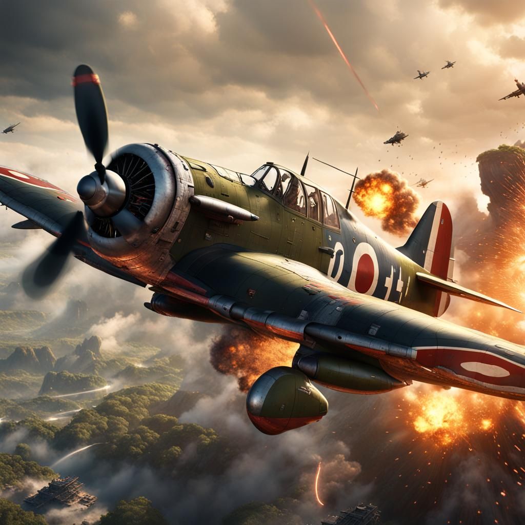 Exploding WW2 Fighter Plane in Detailed Matte Painting