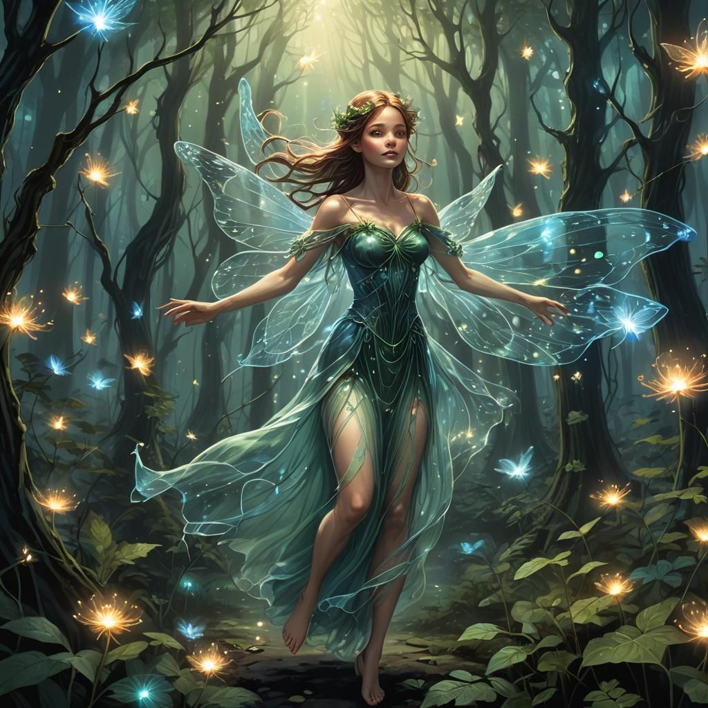 Bioluminescent Forest Fairy in Flight