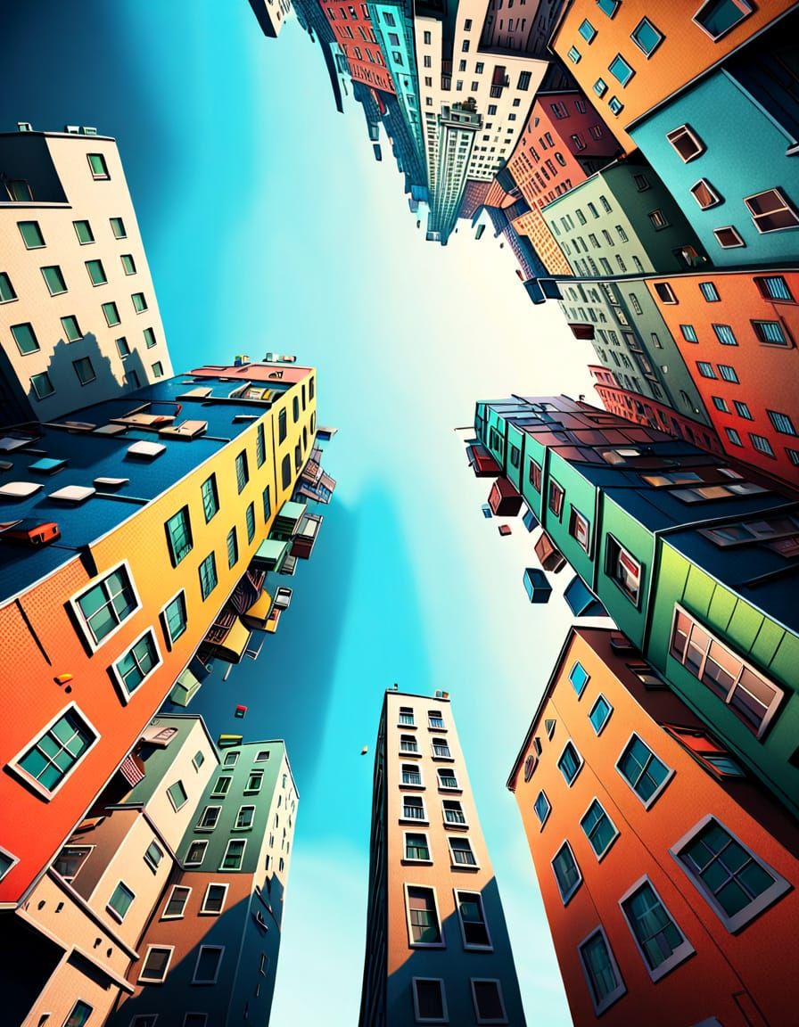 Surreal Upside Down Cityscape in Vibrant Hues