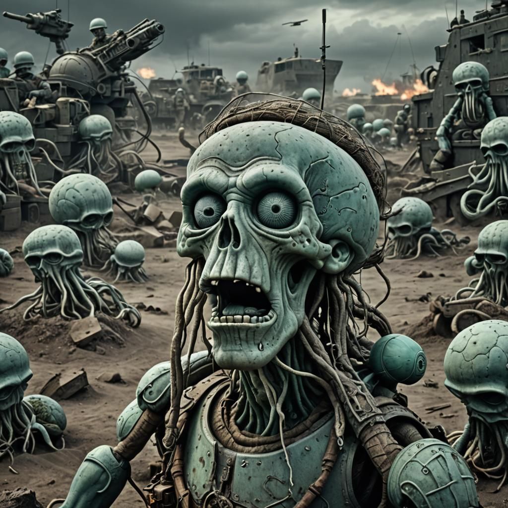 Squidward at War: Hyperrealistic Composition