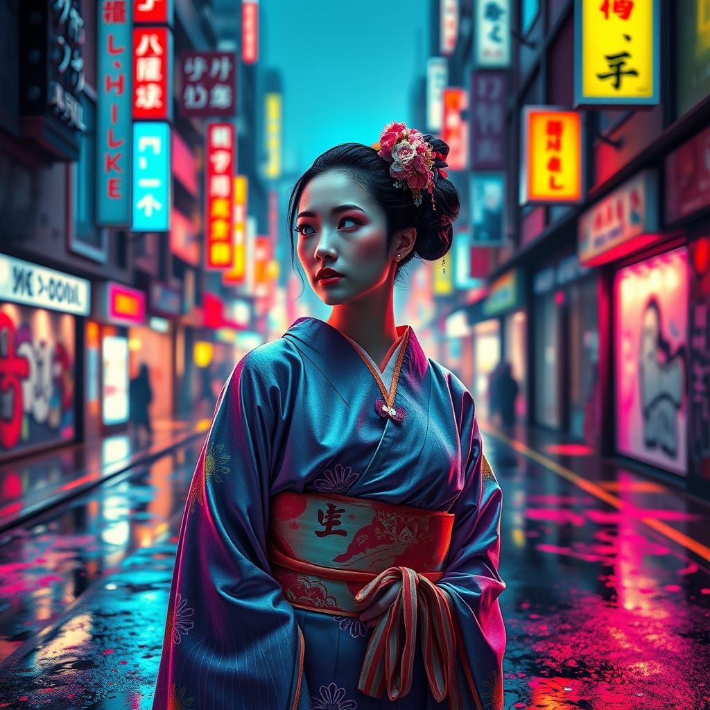 Serene Geisha in Neon Tokyo Streetscape