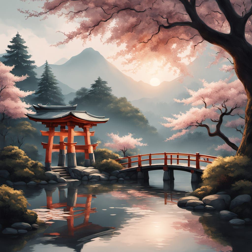 Sakura Torii Gate in Ethereal Sunset Light