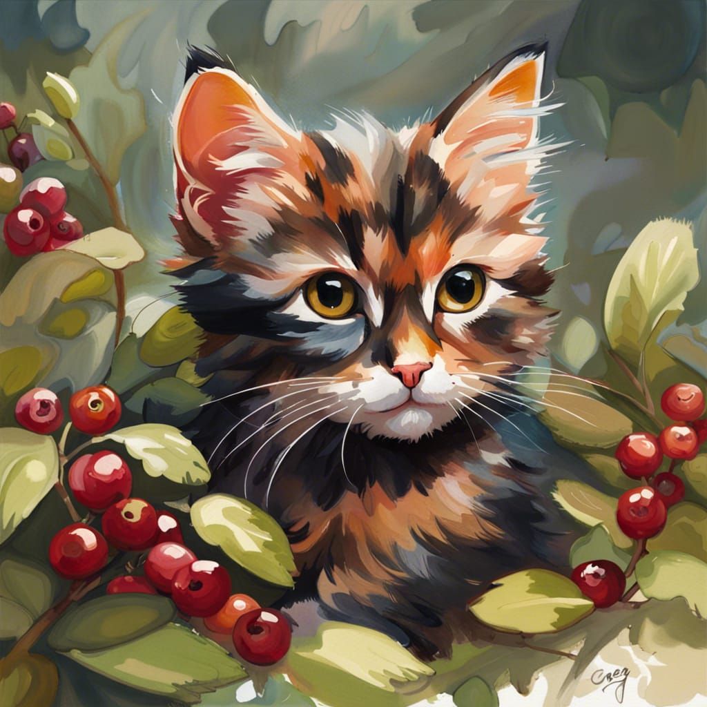 Tortoiseshell Kitten with Cranberries in Art Nouveau Style