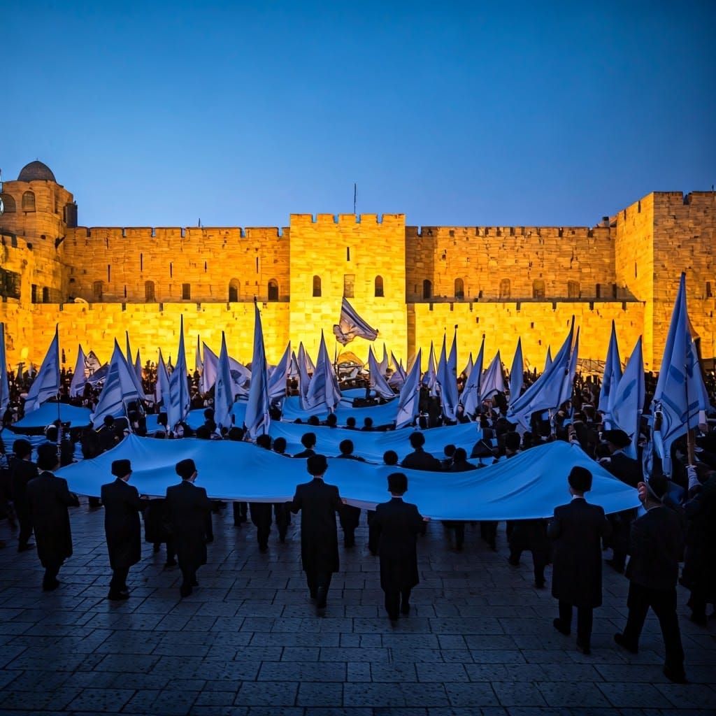 Dozens of Jewish men, ultra-Orthodox and Hasidic, dressed in blue kippahs, march together with huge flags in front of th...