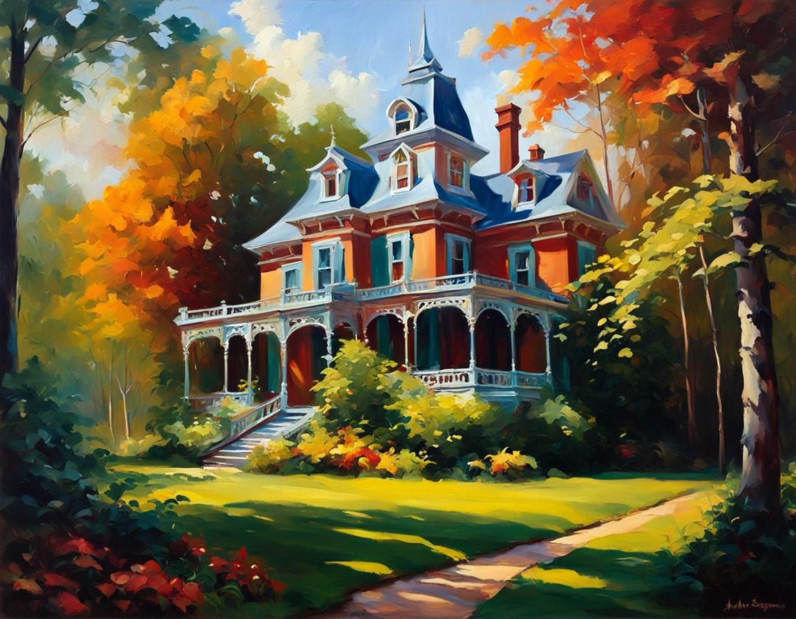 Mystical Victorian House in Forest, Oil Painting Style