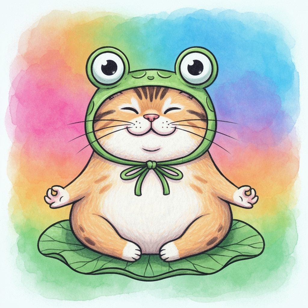 Chubby Cat Meditating in Frog Bonnet on Lotus Leaf