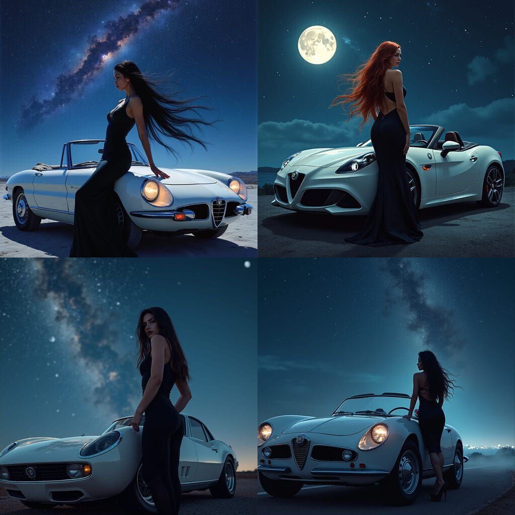 Woman in Black Dress with Alfa Romeo Under Starry Night