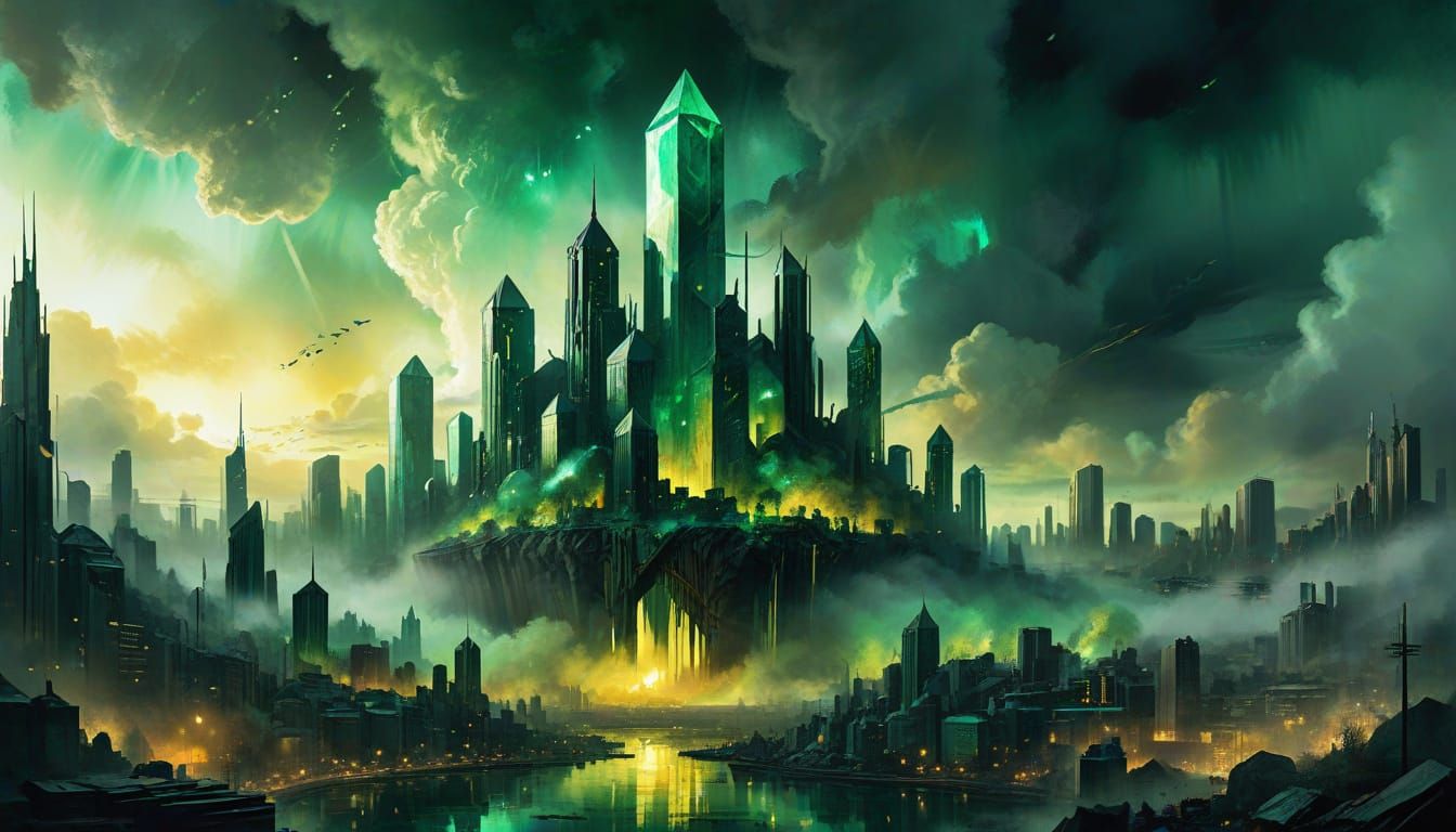 Emerald Apocalypse: A Cyberpunk Cityscape of Death and Destr...