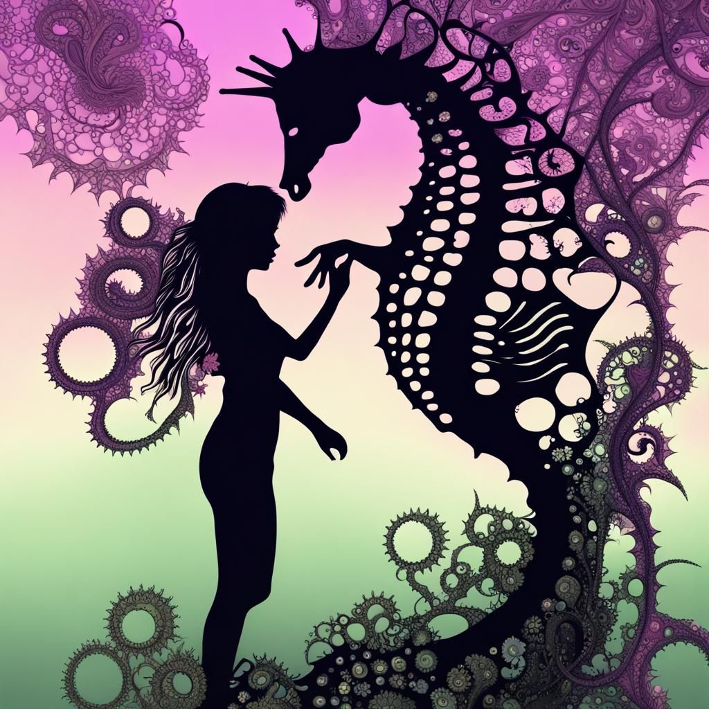 Complex Fractal Seahorse Sculpture with Abstract Figures