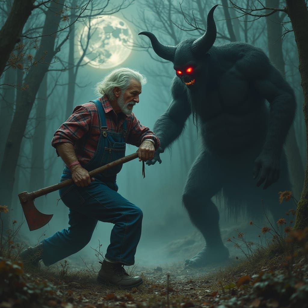 Machete-Wielding Man Battles Devil in Misty Forest