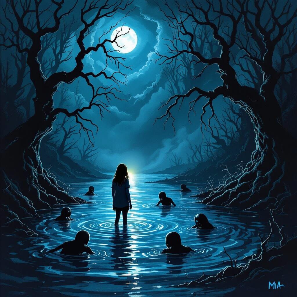 Terrified Teenager at Dark River Edge