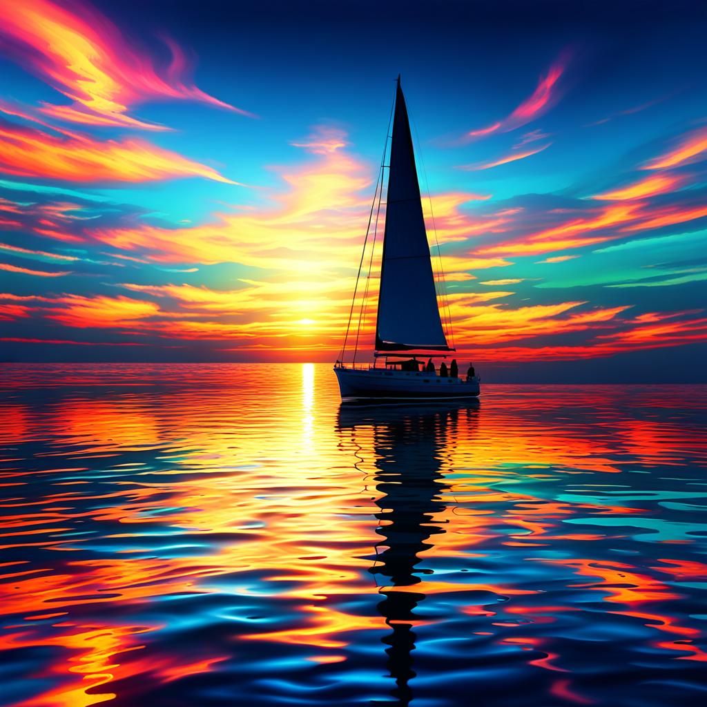 Magnificent Sunset Seascape with Sailboat, Vivid Digital Art