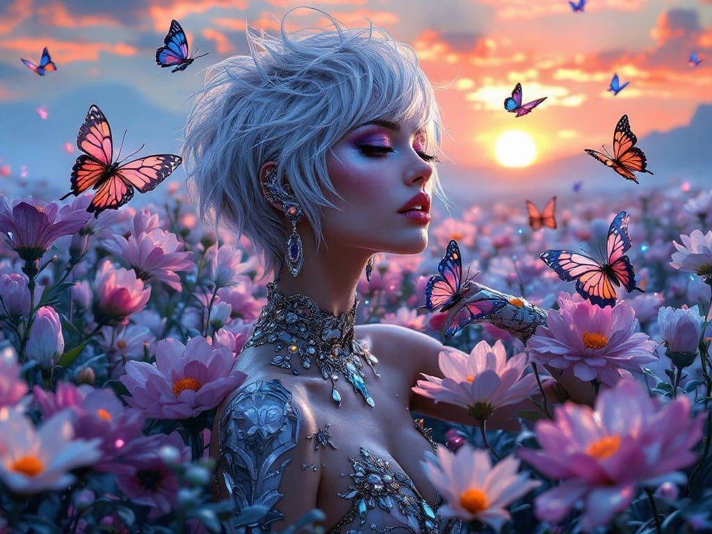 Enchanting Cyborg Goddess in a Field of Crystalline Blooms