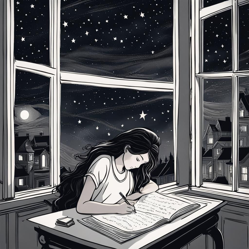 Girl Writes Poetry Under Starry Night Sky