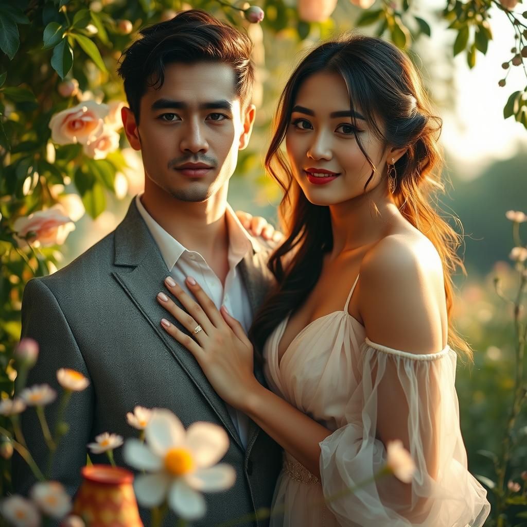 Romantic Couple in Dreamlike Garden, Art Nouveau Style