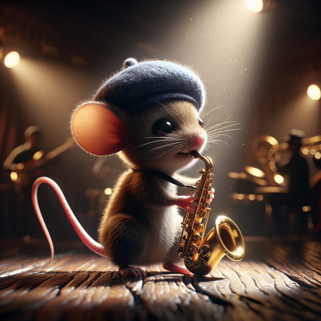 Adorable baby mouse mastering the saxophone in a dimly lit j...