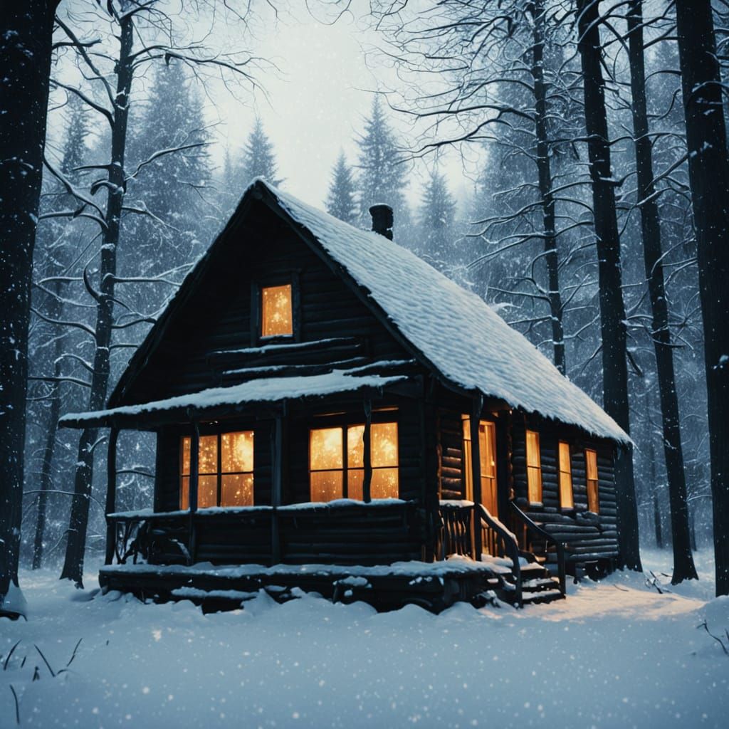 Wintry Forest Cabin: Cinematic Film Still