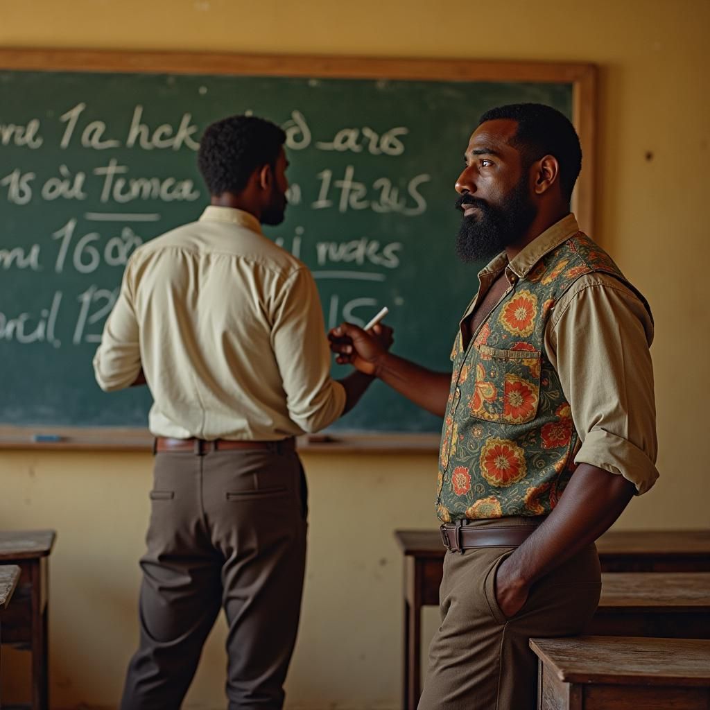 male teacher dressed in old patched 1870s era American cloth...