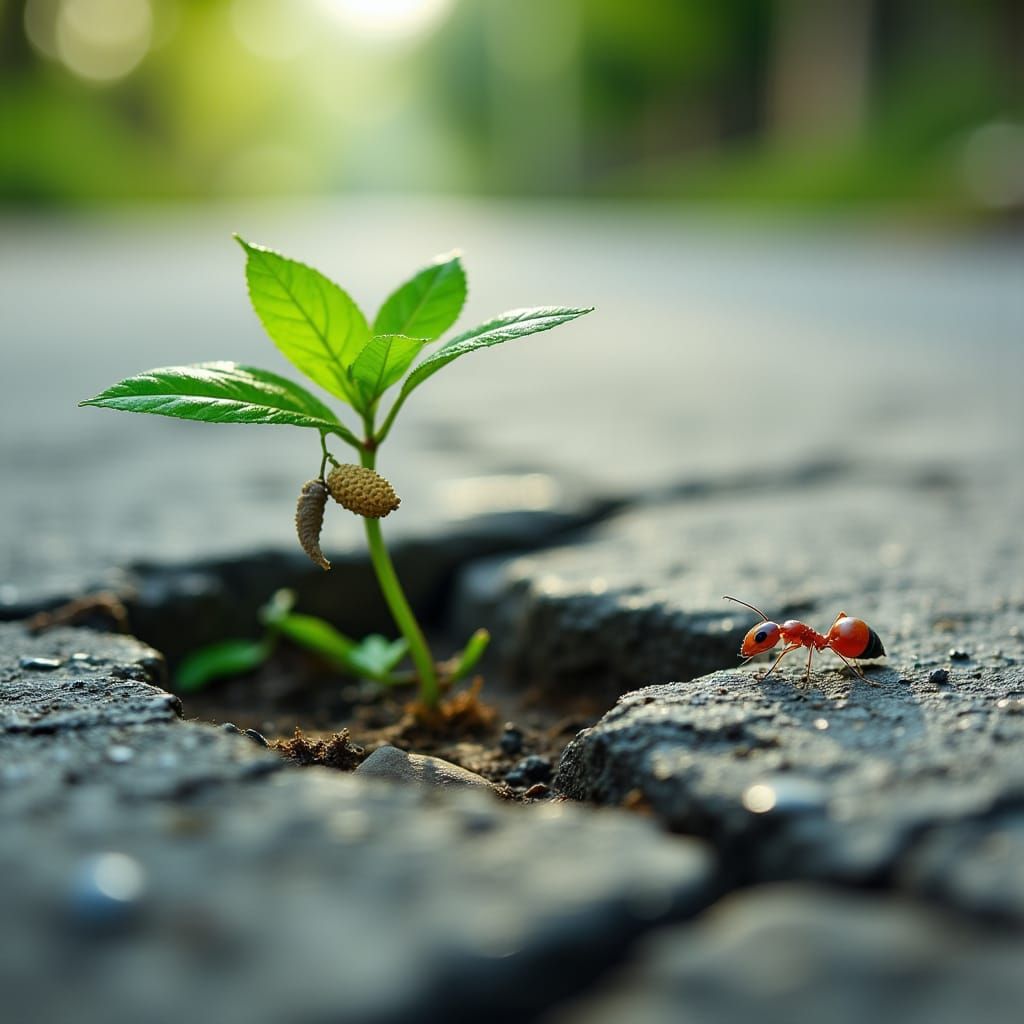 Macro Photo: Seedling and Ant on Asphalt
