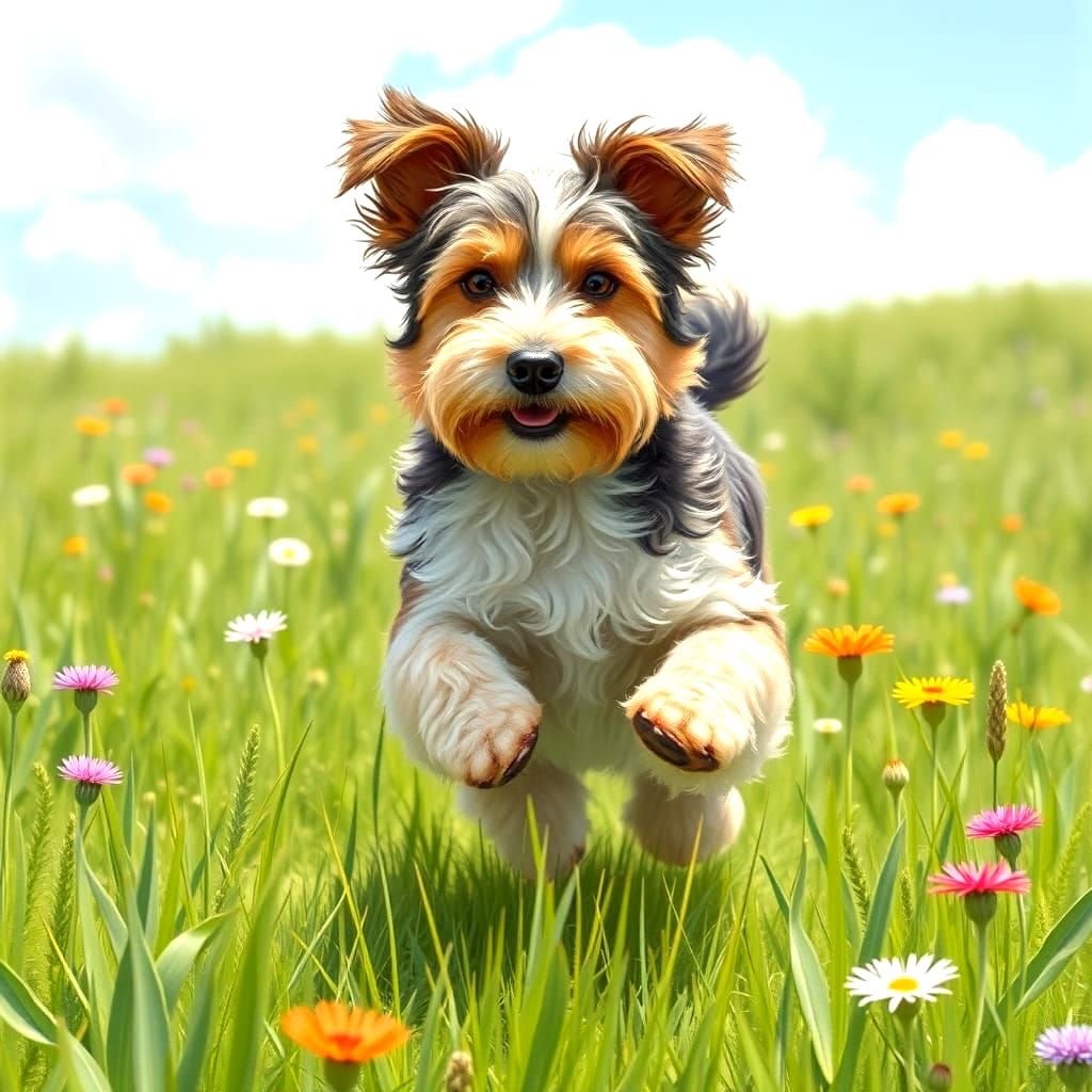 Joyful Terrier Mix Runs Free in a Lush Green Meadow
