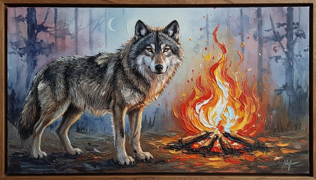 Lone Wolf Beside Campfire Impasto Painting