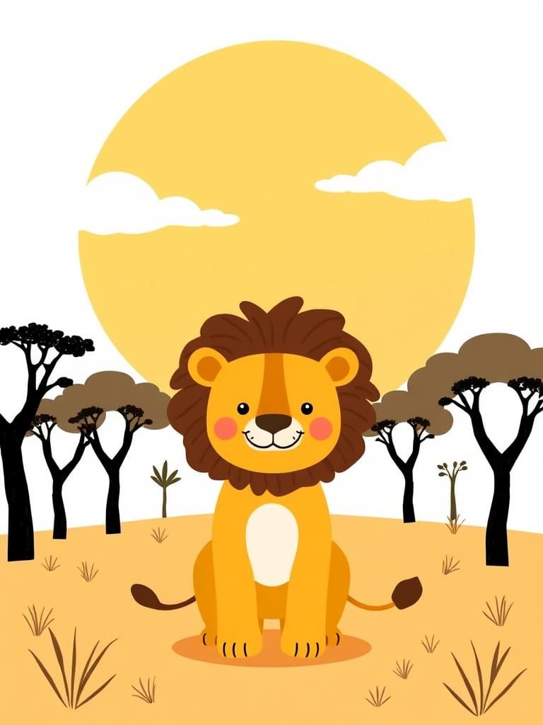 Whimsical Lion in Savannah, Children's Book Illustration
