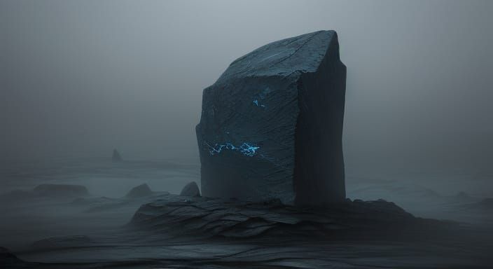 Mysterious Glowing Rune Stone in Foggy Landscape