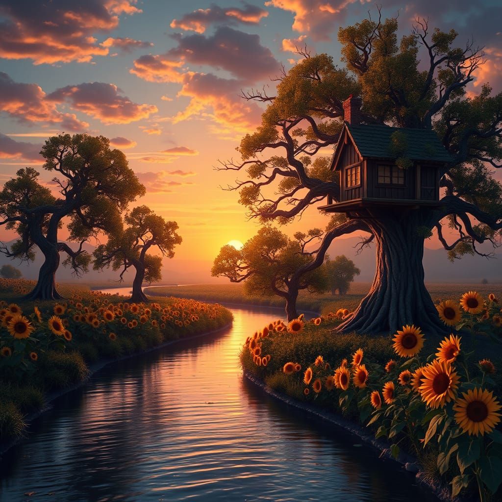 Dreamy Sunset Scene with River, Sunflowers, and Whimsical Tr...