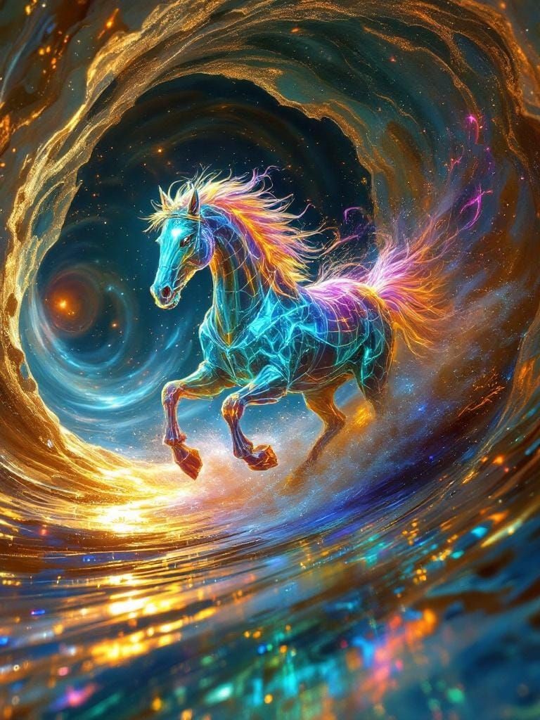 Translucent Knight Horse Speeding Through Light Vortexes