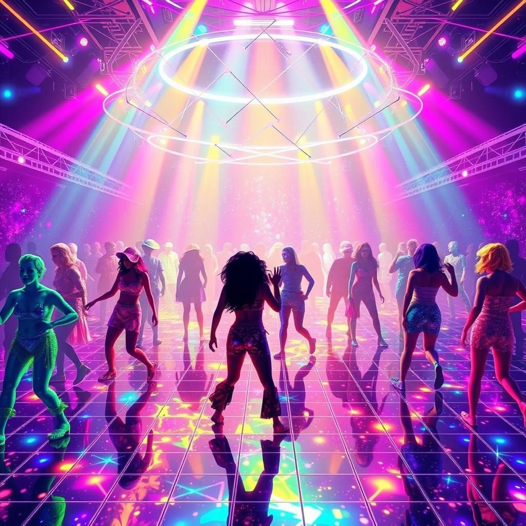 Vibrant Disco Dance Floor Scene in Futuristic Holographic St...