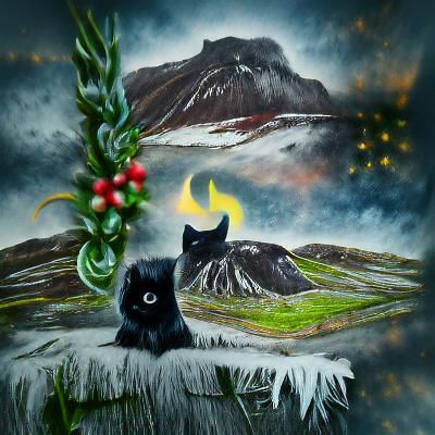 Icelandic Yule Cat in Misty Night Sky